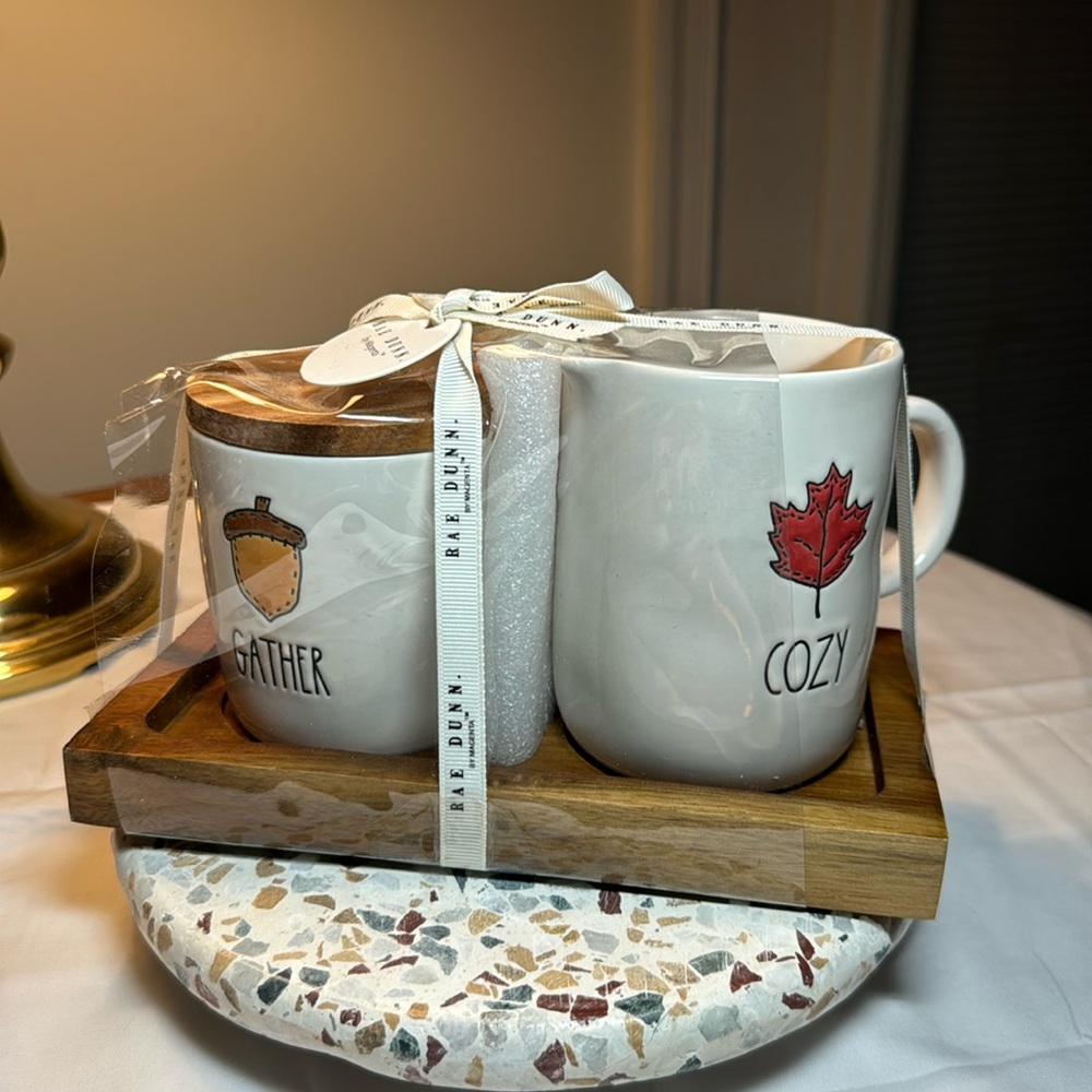 Rae Dunn fall cream and auger set with wooden tray